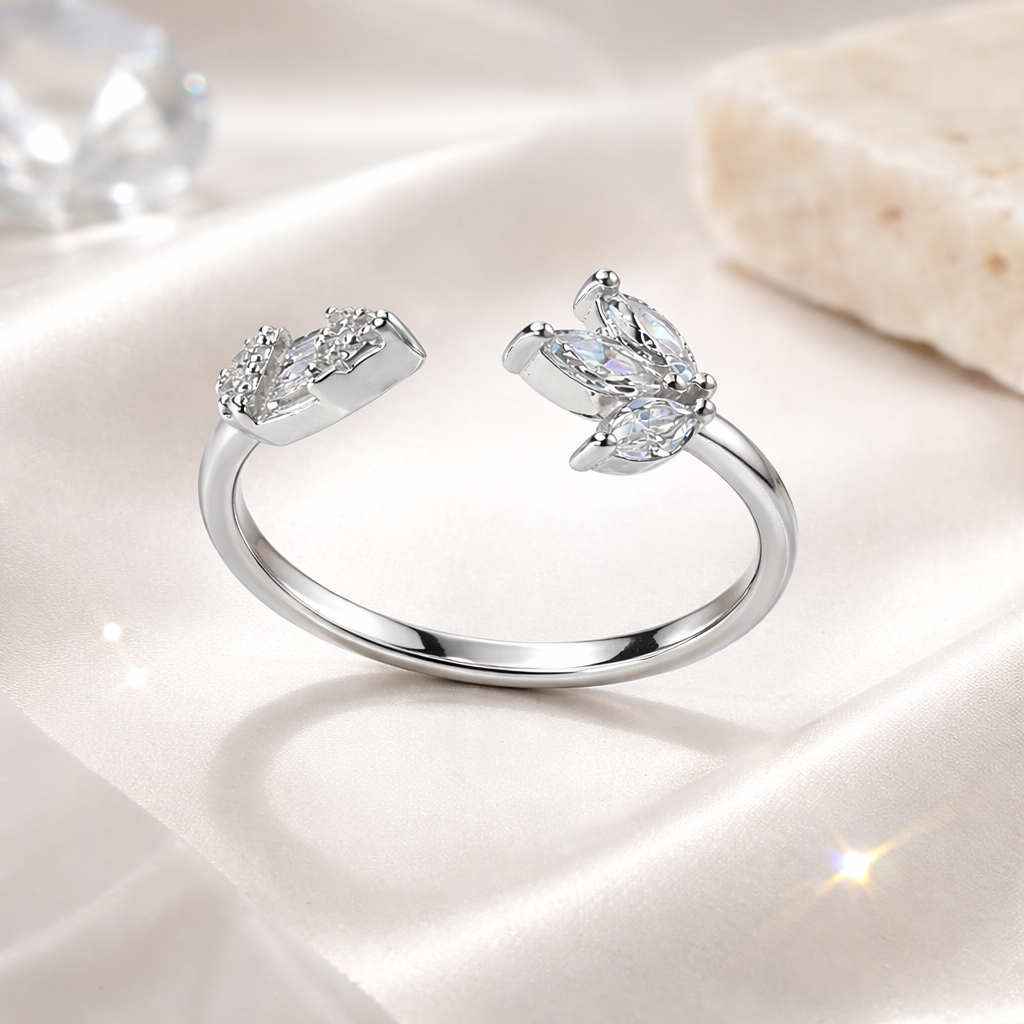925 Sterling Silver Floral CZ Adjustable Ring for Women