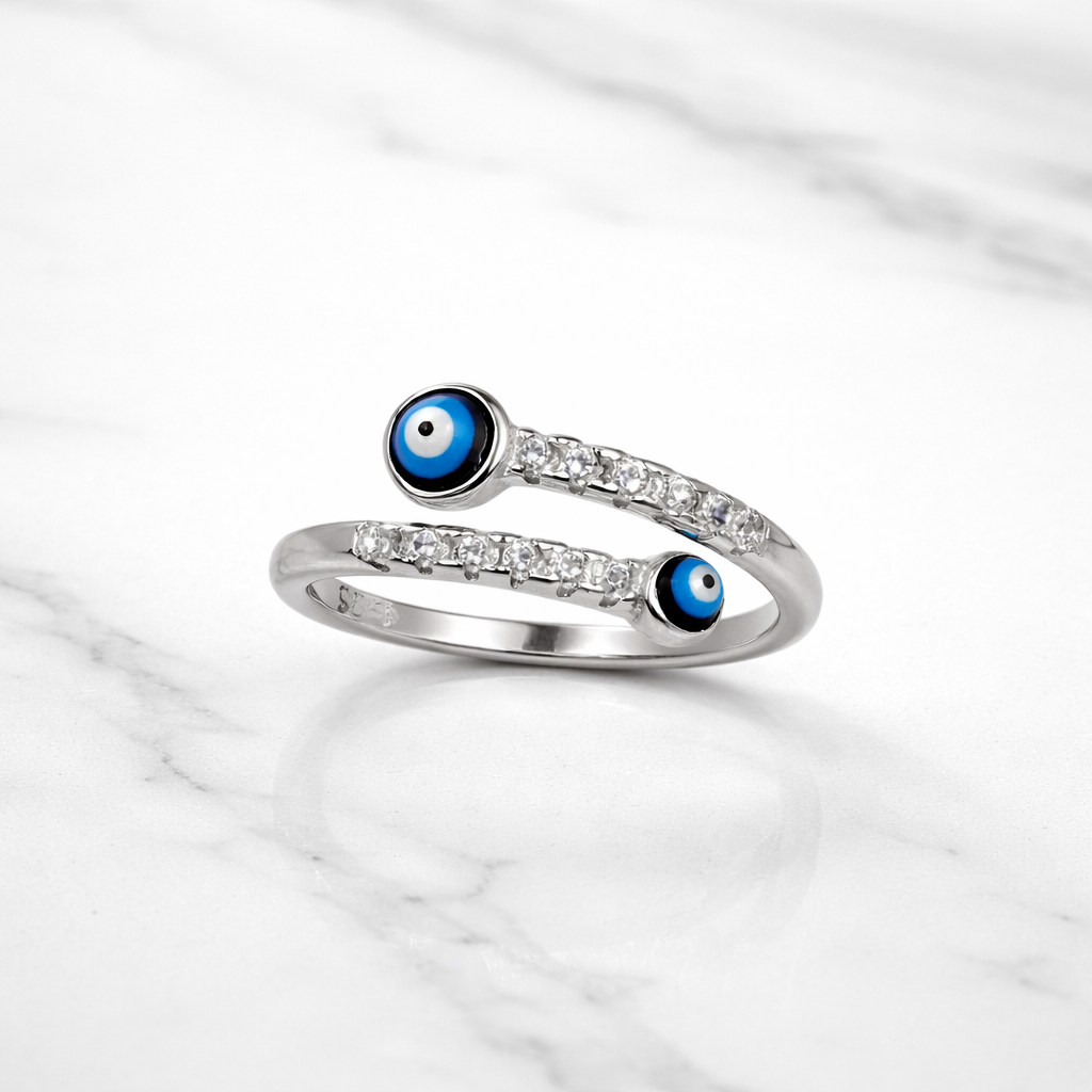 Blue Evil Eye Adjustable Sterling Silver Ring