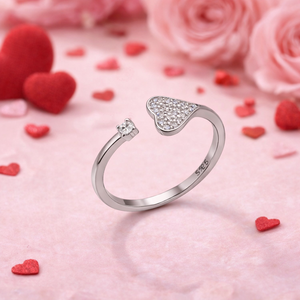 Sparkling Heart CZ Open Silver Ring
