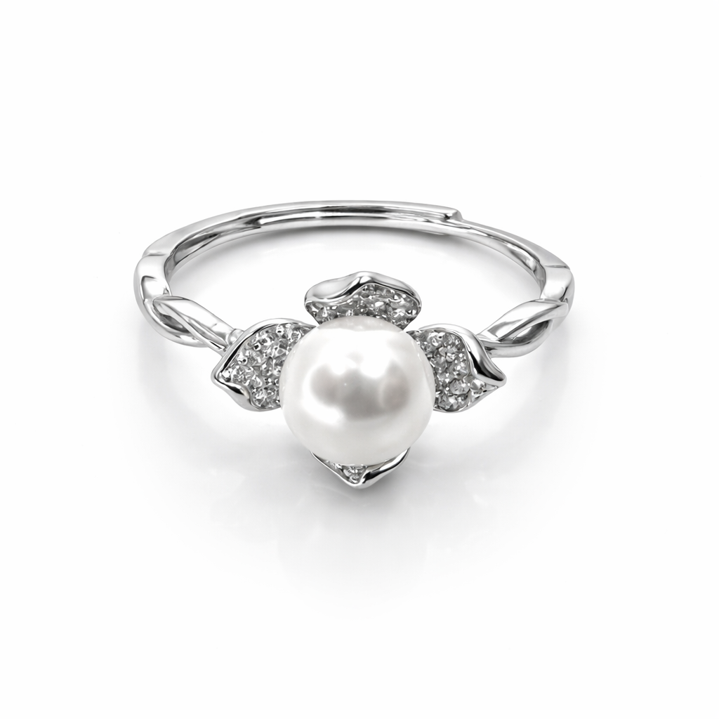 Sterling Silver Pearl Cubic Zirconia Adjustable Ring
