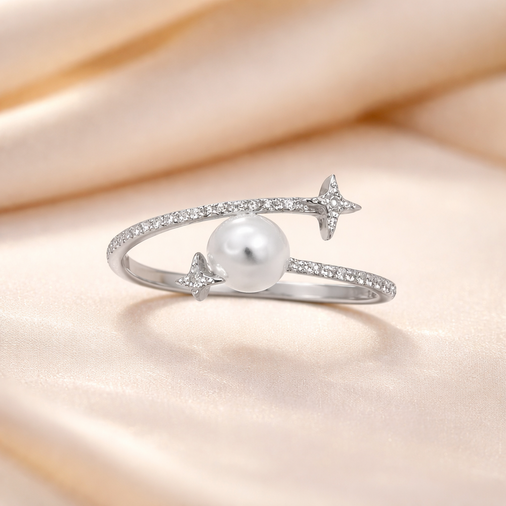 Sterling Silver Pearl Star Cubic Zirconia Adjustable Ring