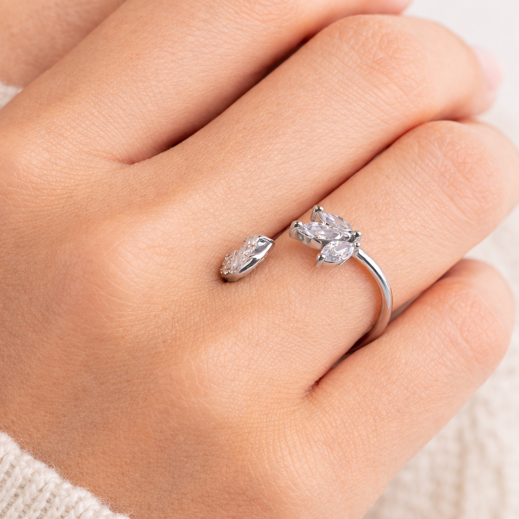 925 Sterling Silver Floral CZ Adjustable Ring for Women