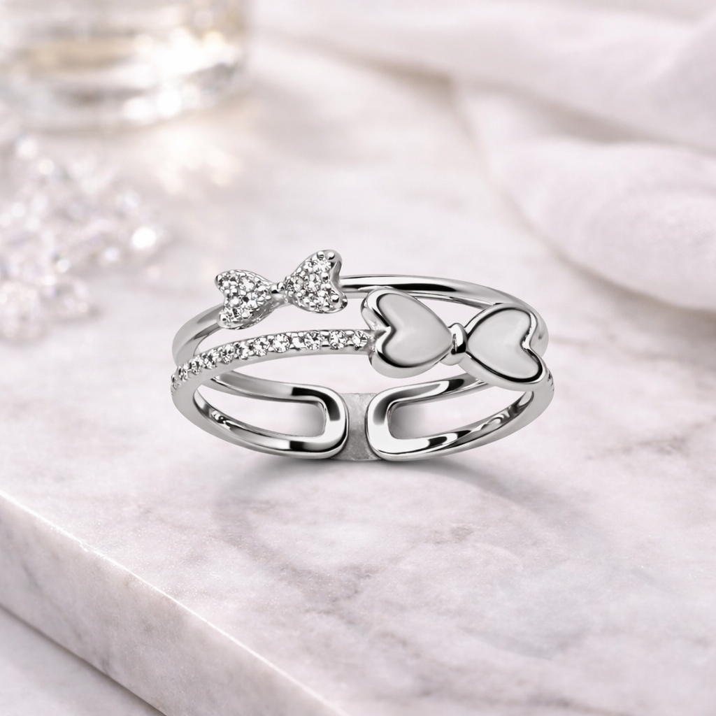 Sterling Silver Double Heart CZ Adjustable Ring