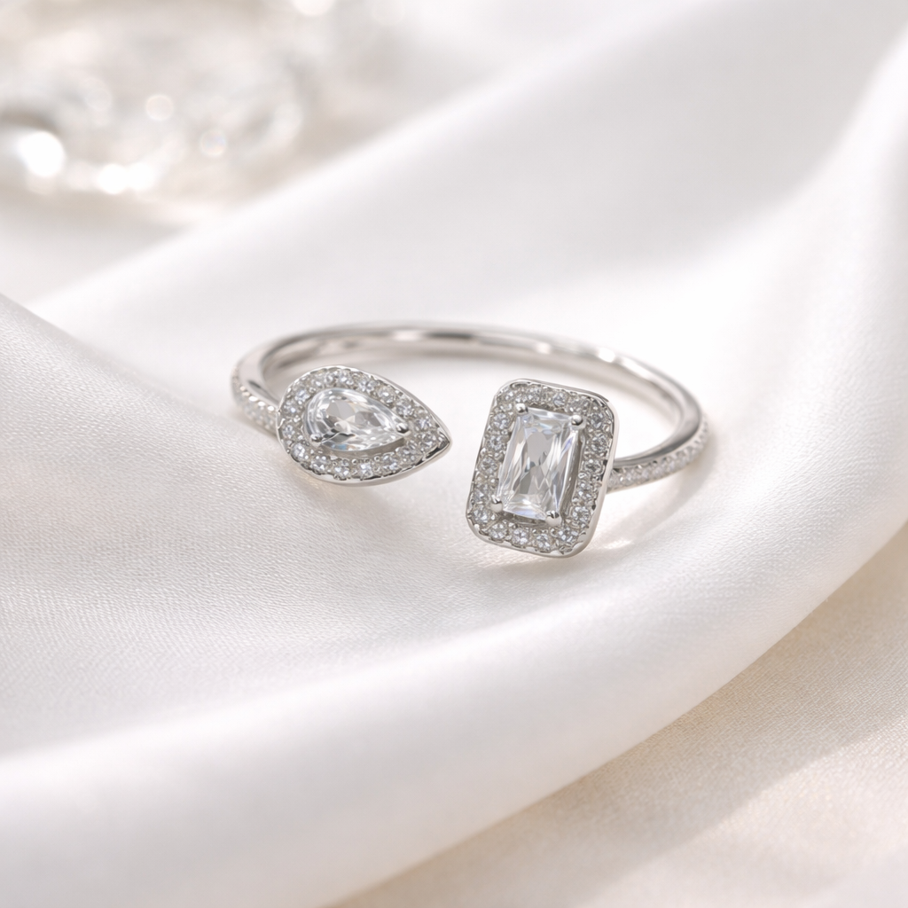 Sterling Silver Adjustable Ring with Dual Cubic Zirconia