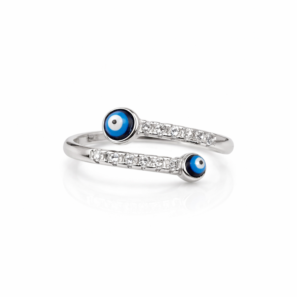 Blue Evil Eye Adjustable Sterling Silver Ring