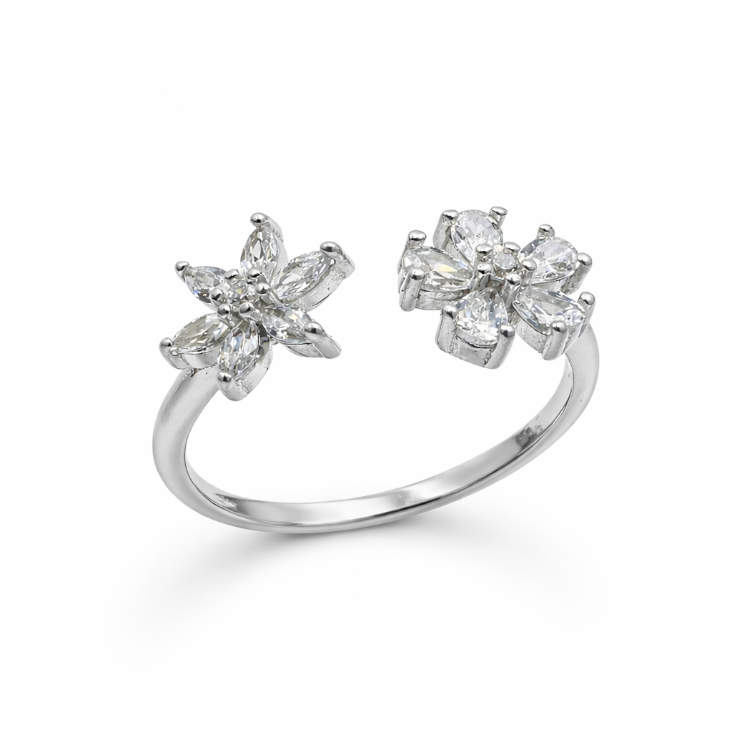 925 Sterling Silver Floral CZ Adjustable Ring