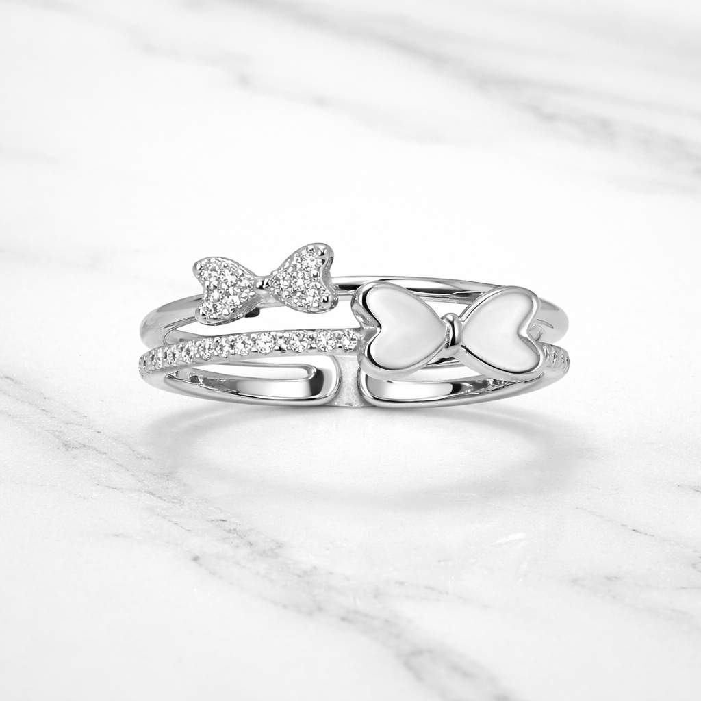 Sterling Silver Double Heart CZ Adjustable Ring