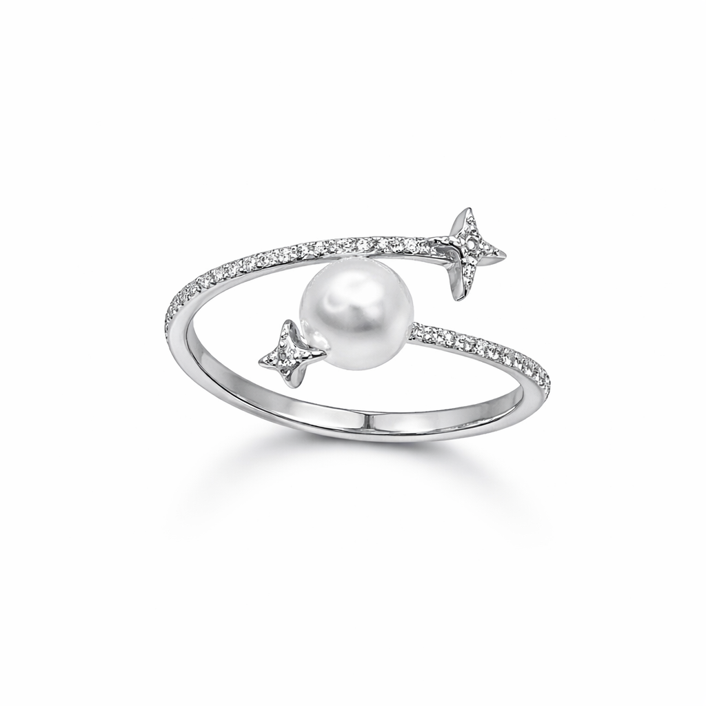 Sterling Silver Pearl Star Cubic Zirconia Adjustable Ring
