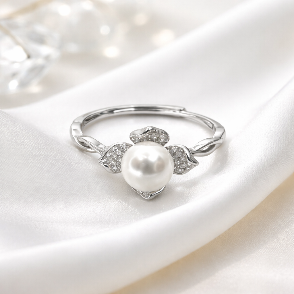 Sterling Silver Pearl Cubic Zirconia Adjustable Ring