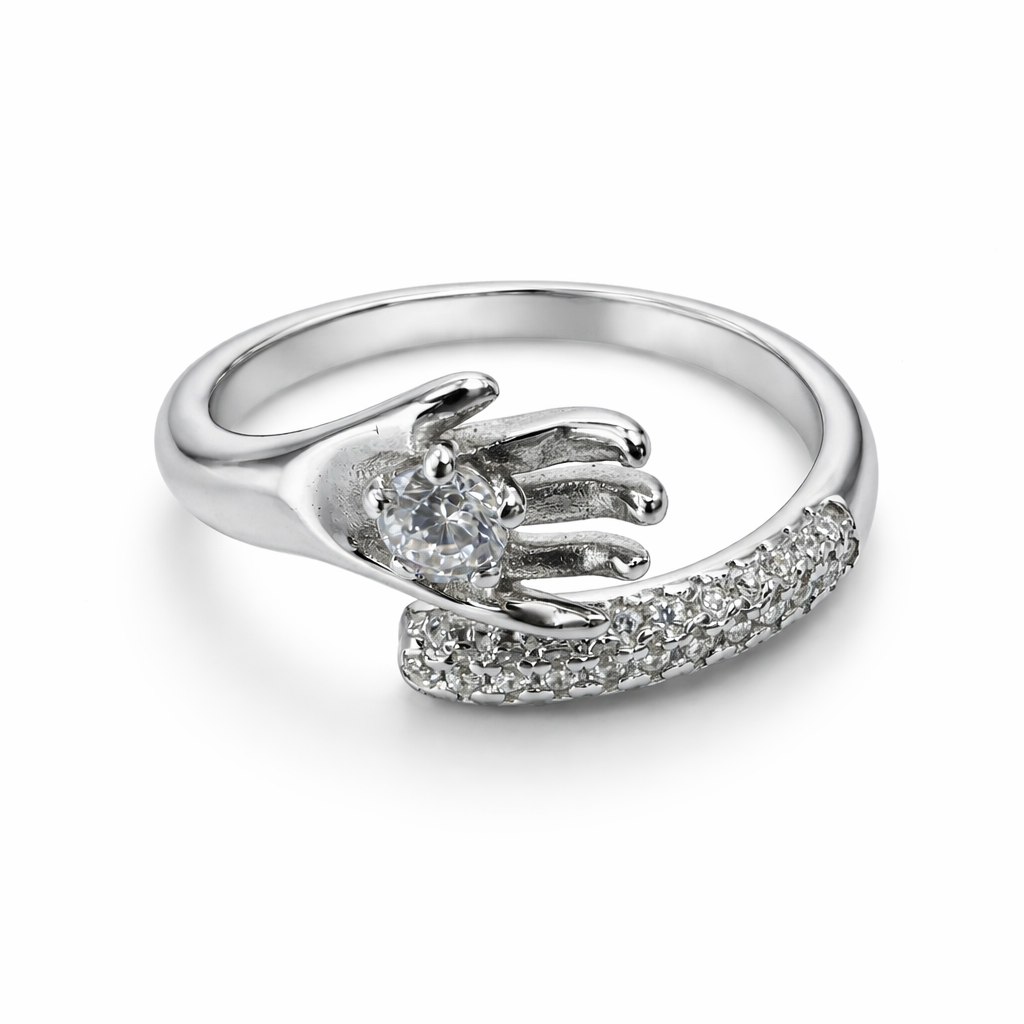 Sterling Silver Hand Motif Cubic Zirconia Adjustable Ring