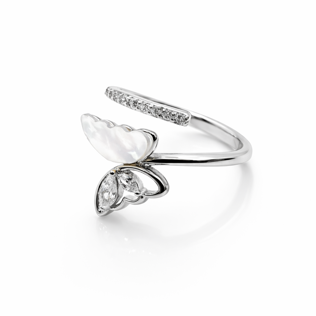Elegant Butterfly Sterling Silver Ring with CZ & Mother of Pearl