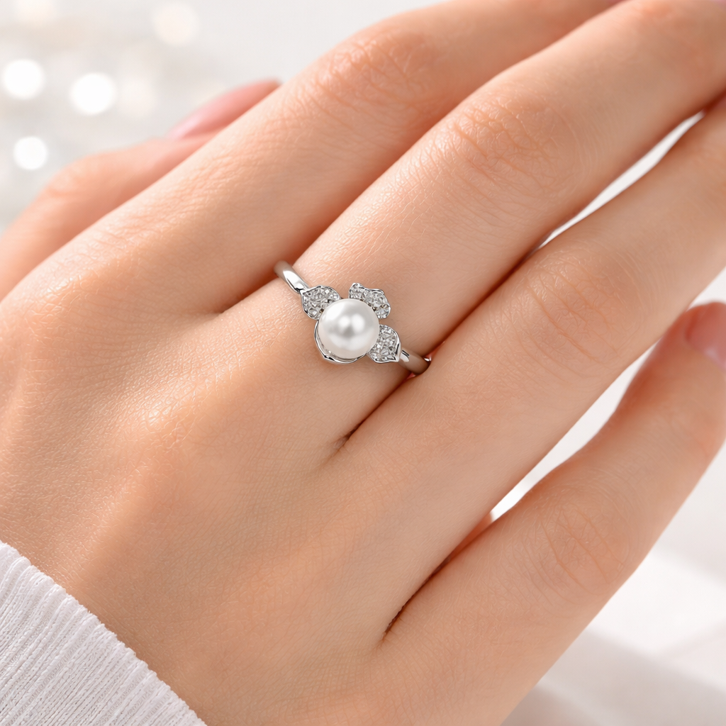 Sterling Silver Pearl Cubic Zirconia Adjustable Ring