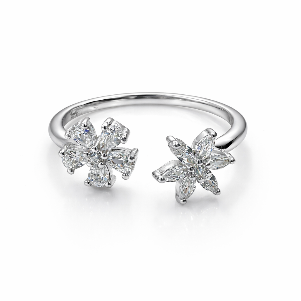 925 Sterling Silver Floral CZ Adjustable Ring