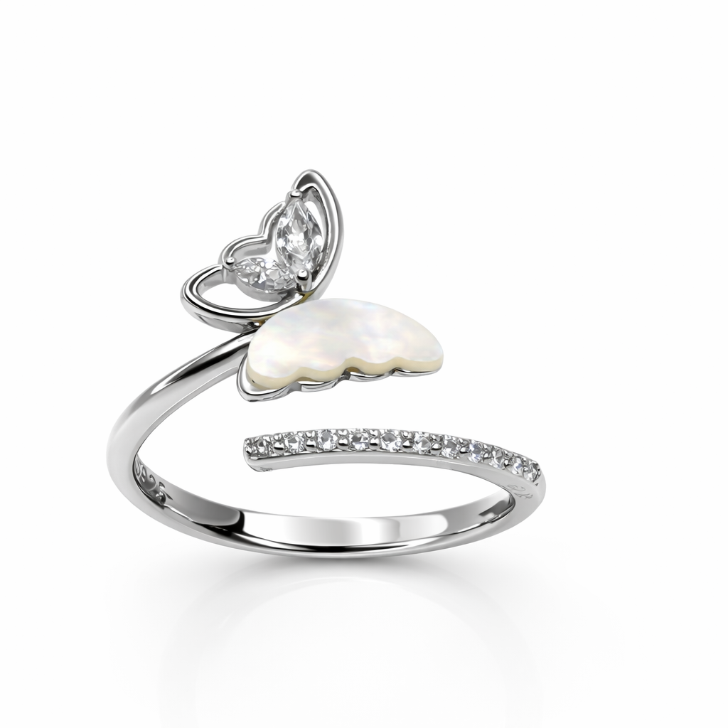 Elegant Butterfly Sterling Silver Ring with CZ & Mother of Pearl