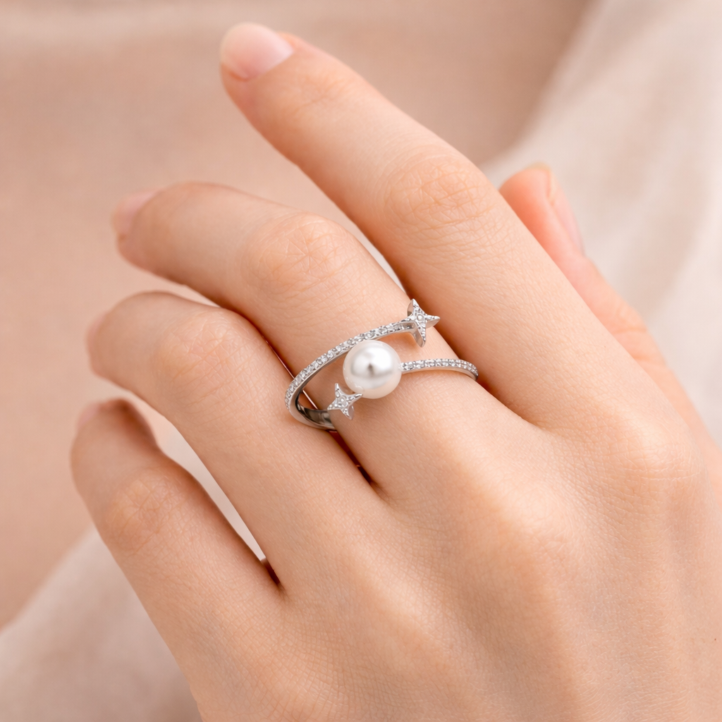 Sterling Silver Pearl Star Cubic Zirconia Adjustable Ring