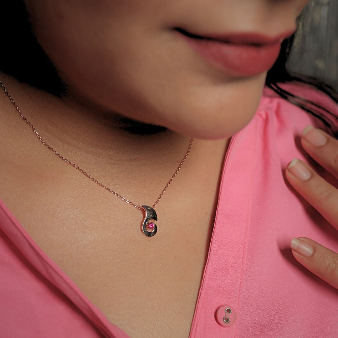 Rose Gold Plated Silver Swirl Ruby CZ Pendant Necklace