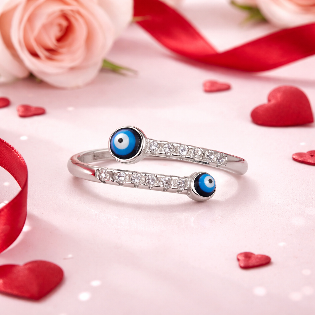 Blue Evil Eye Adjustable Sterling Silver Ring