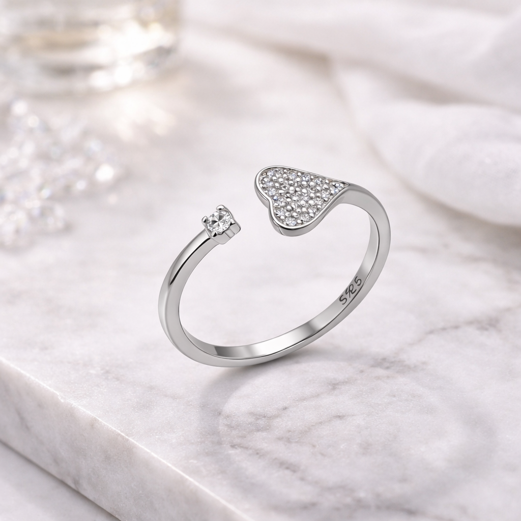 Sparkling Heart CZ Open Silver Ring