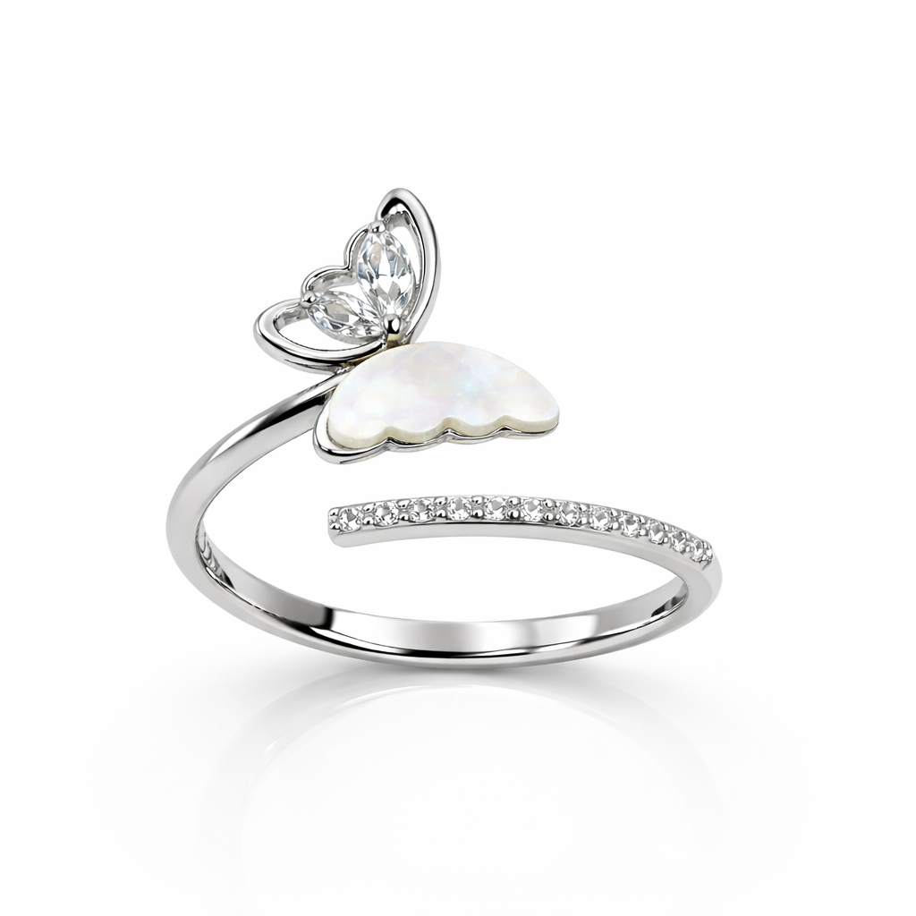 Elegant Butterfly Sterling Silver Ring with CZ & Mother of Pearl
