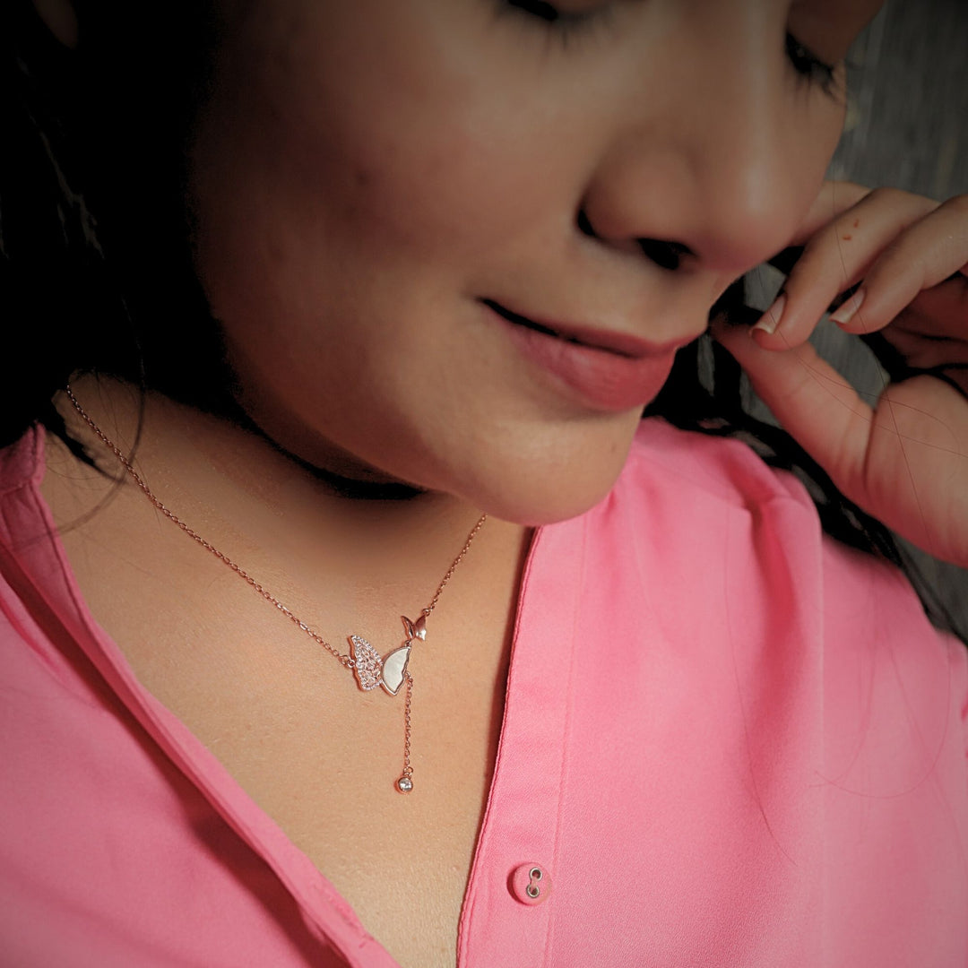 Butterfly Mother of Pearl Rose Gold Silver Necklace