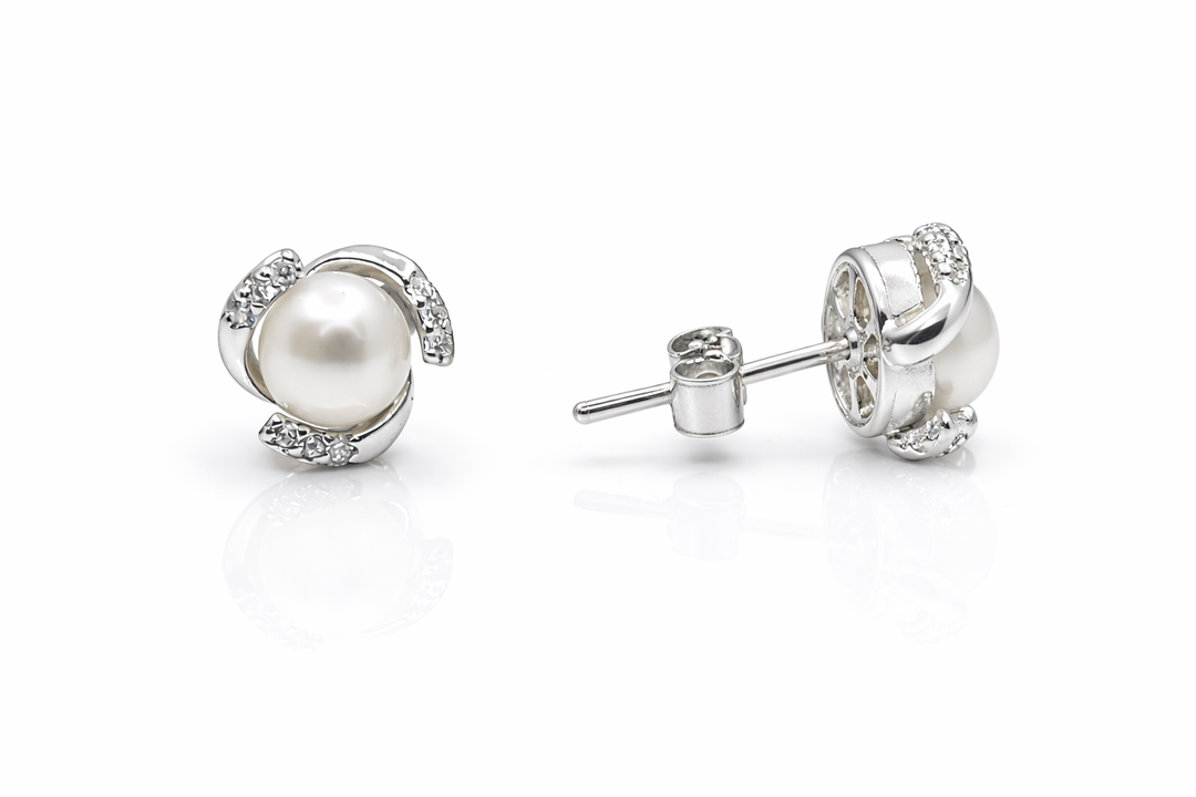 925 Sterling Silver Pearl Stud Earrings with Zircon Swirl Design