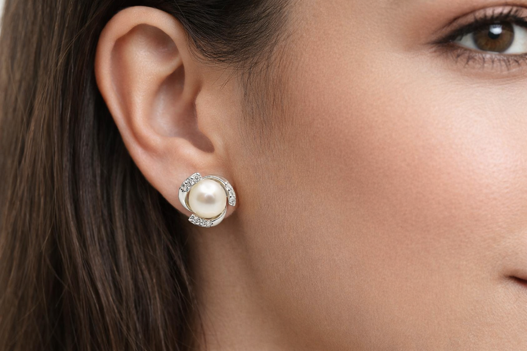 925 Sterling Silver Pearl Stud Earrings with Zircon Swirl Design
