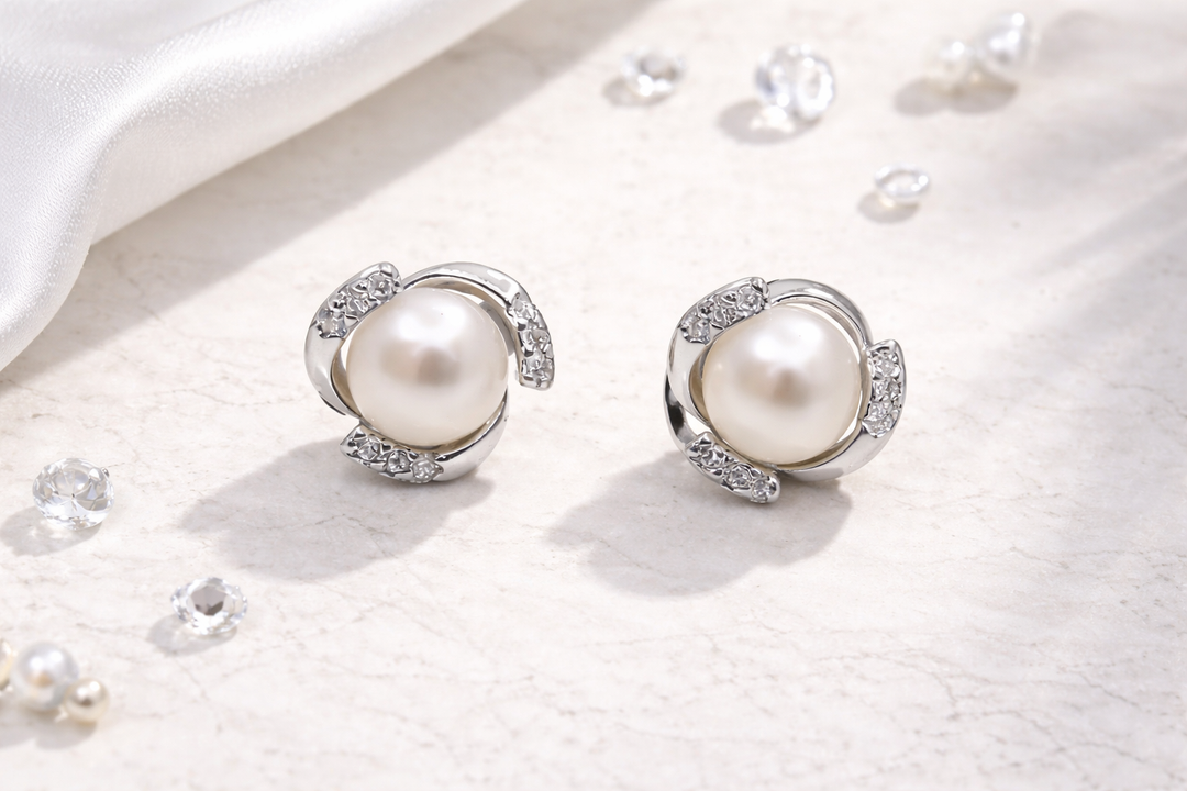 925 Sterling Silver Pearl Stud Earrings with Zircon Swirl Design