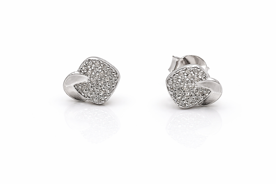 925 Sterling Silver Textured Heart Stud Earrings with Zircon Detailing