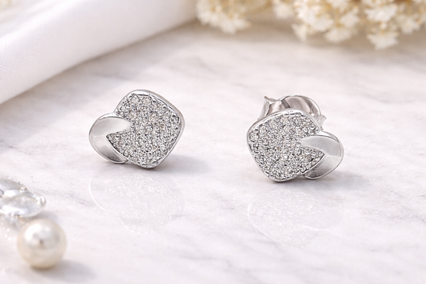 925 Sterling Silver Textured Heart Stud Earrings with Zircon Detailing