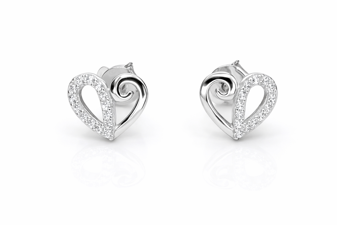 925 Sterling Silver Heart Stud Earrings with Sparkling Zircon