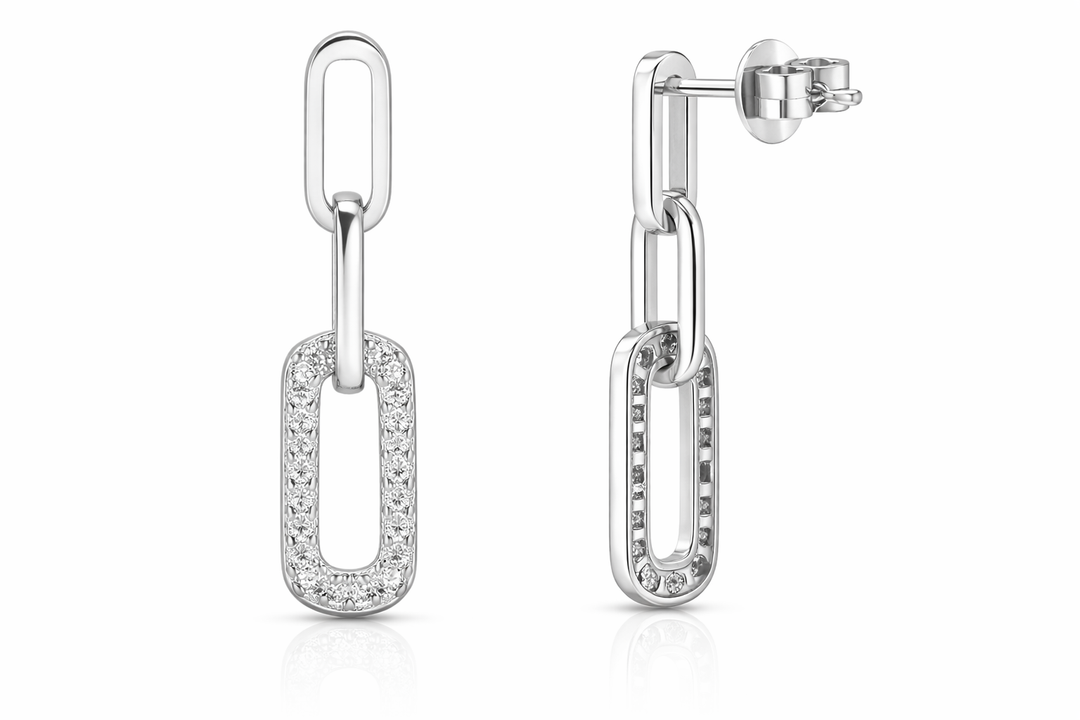 925 Sterling Silver Chain Link Drop Earrings with Zircon Accents