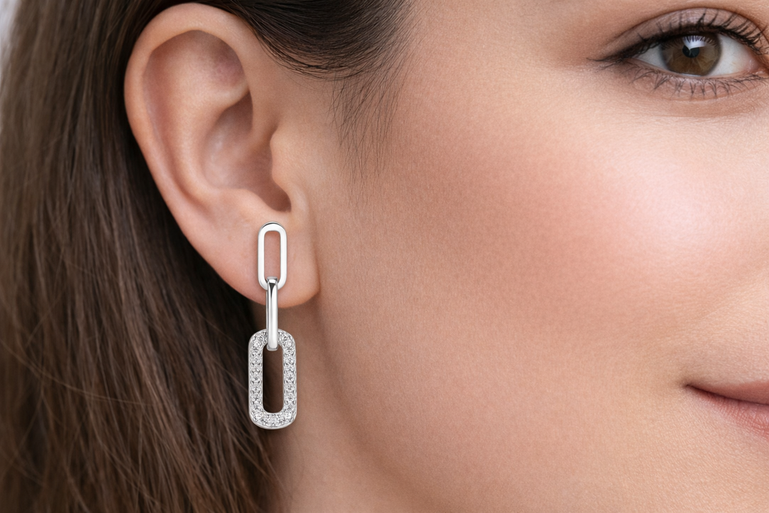 925 Sterling Silver Chain Link Drop Earrings with Zircon Accents