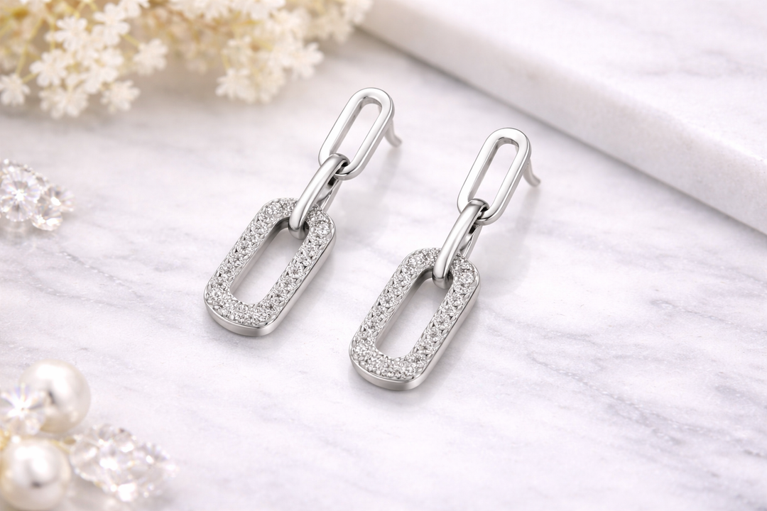 925 Sterling Silver Chain Link Drop Earrings with Zircon Accents
