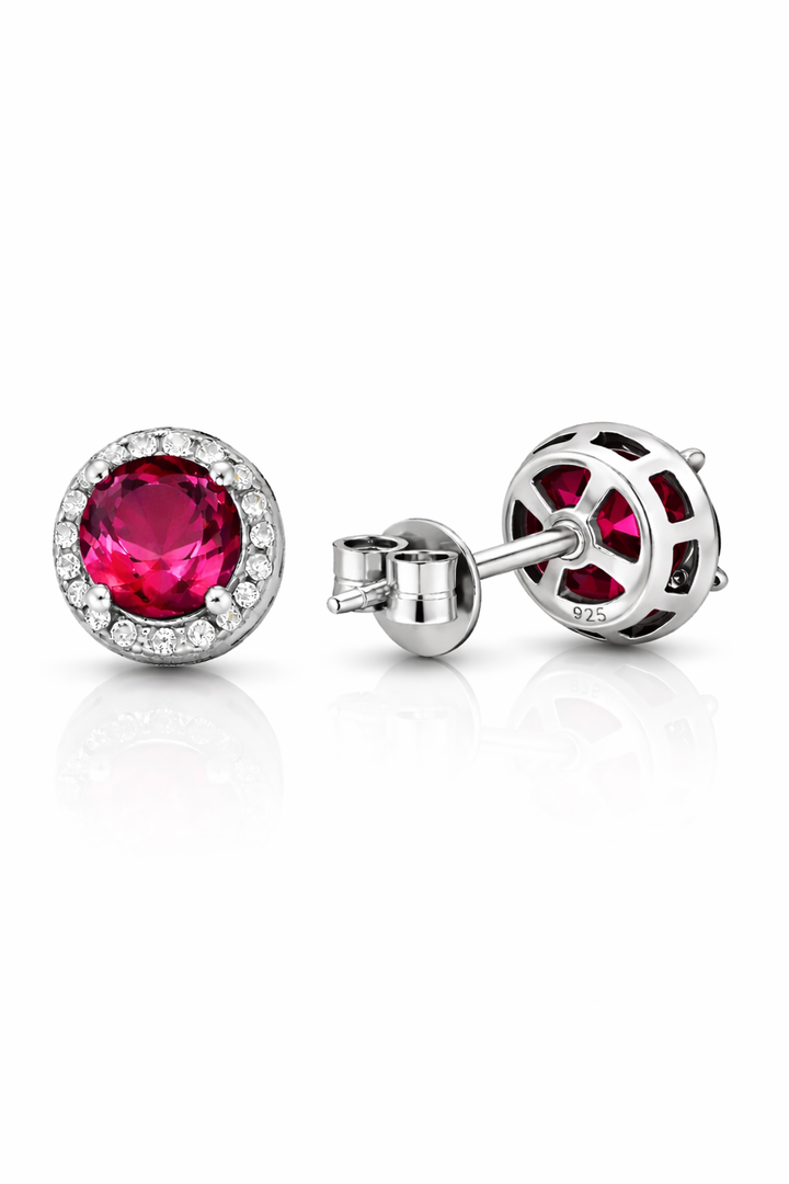 Sterling Silver Ruby Pink Stud Earrings with Halo Zircon