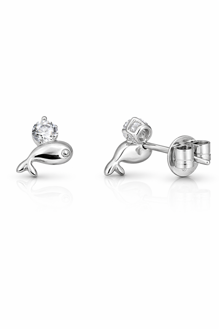 925 Sterling Silver Dolphin Stud Earrings with Zircon Stone