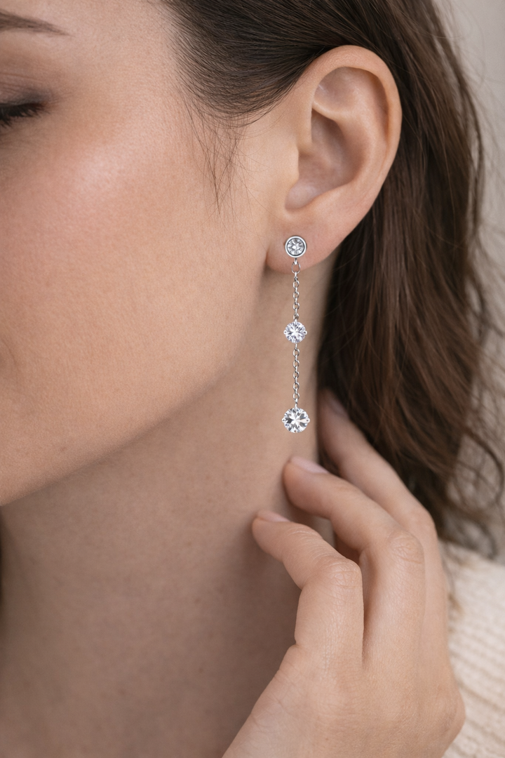 925 Sterling Silver Long Chain Drop Earrings with Cubic Zirconia