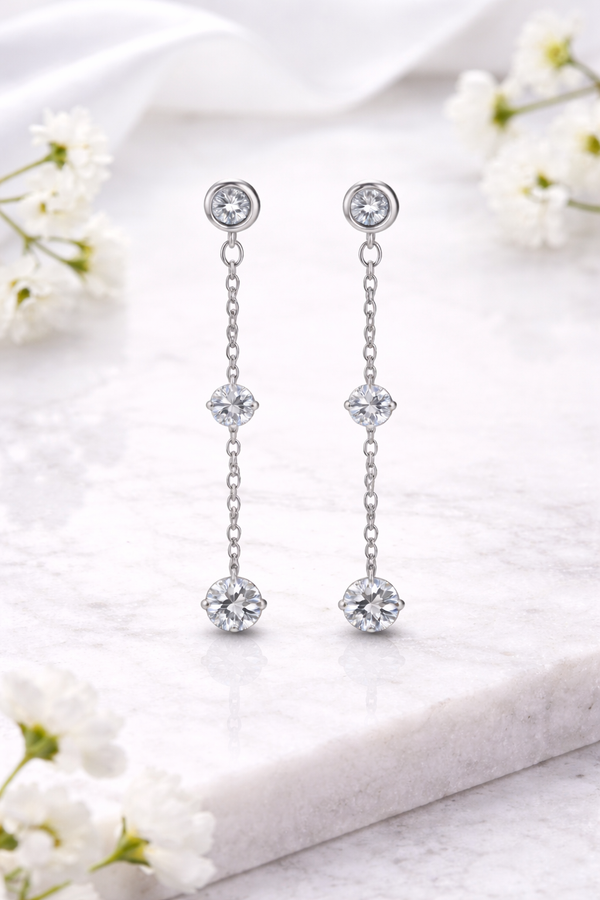 925 Sterling Silver Long Chain Drop Earrings with Cubic Zirconia