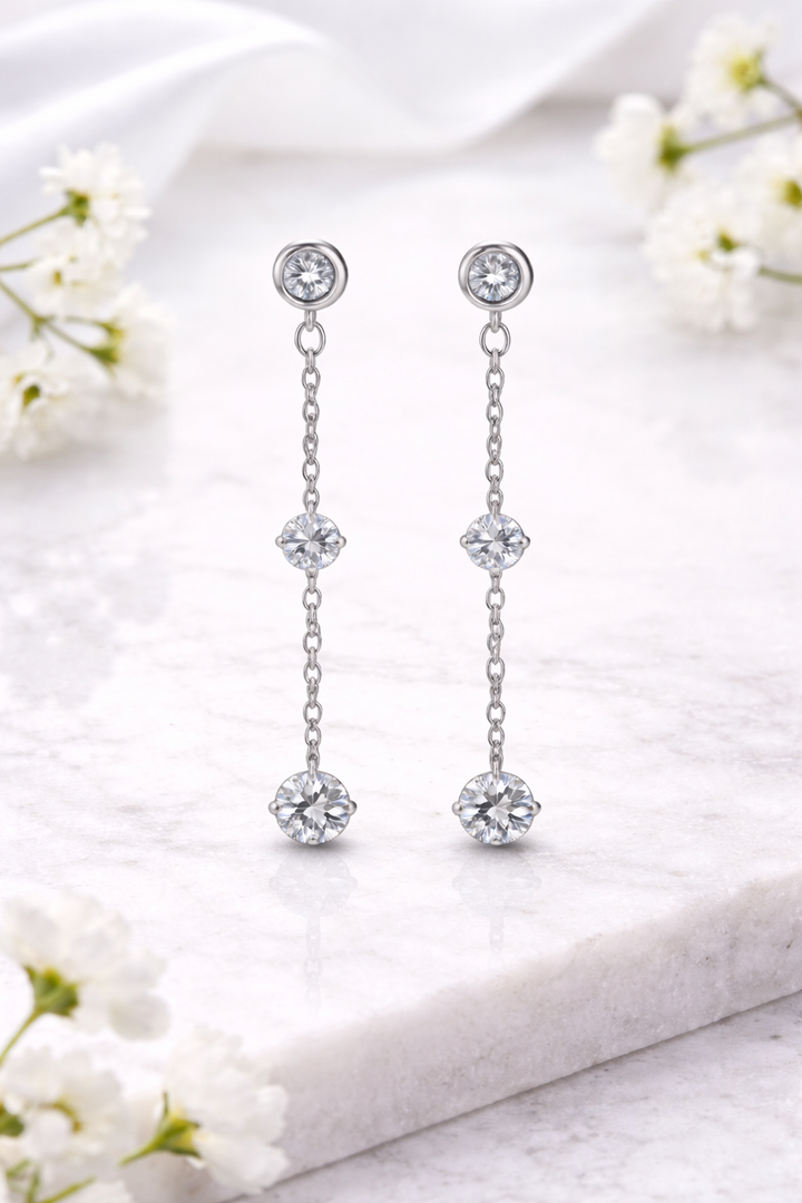 925 Sterling Silver Long Chain Drop Earrings with Cubic Zirconia