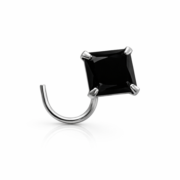 Black Square Stone Silver Nose Pin – Minimalist Statement Stud