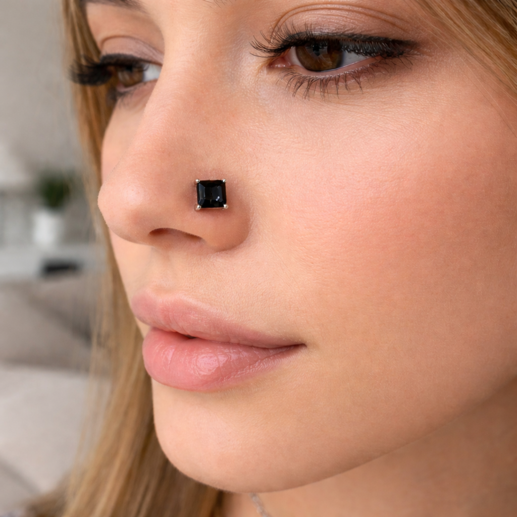 Black Square Stone Silver Nose Pin – Minimalist Statement Stud