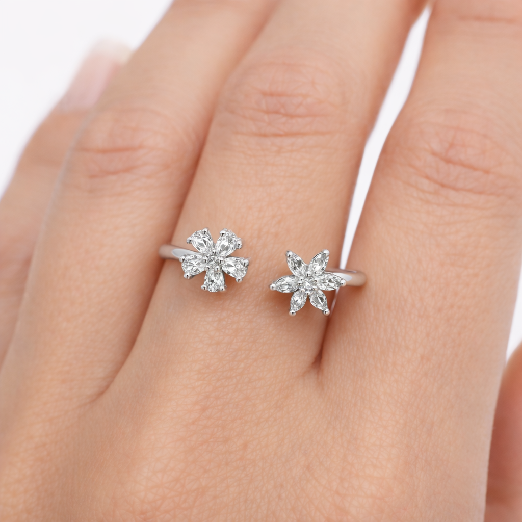 925 Sterling Silver Floral CZ Adjustable Ring