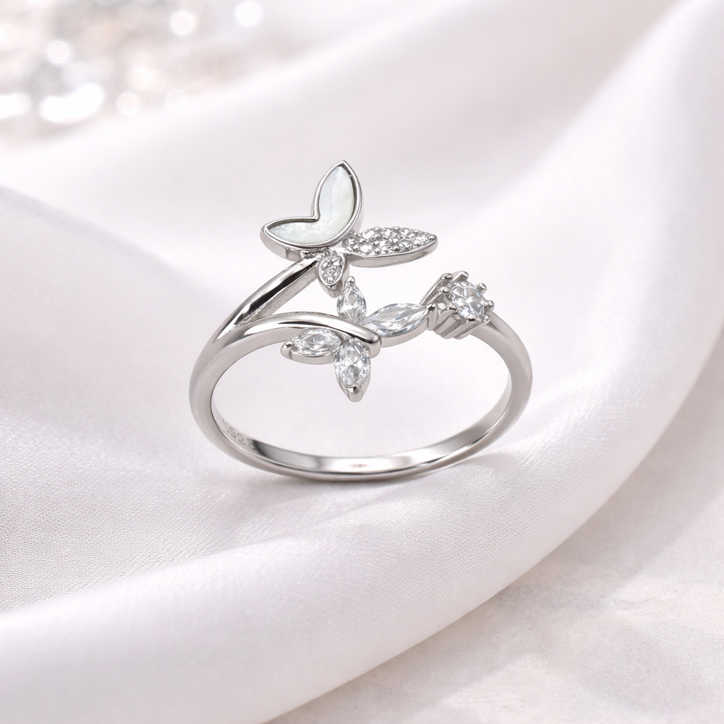 Sterling Silver Butterfly Design CZ Adjustable Ring