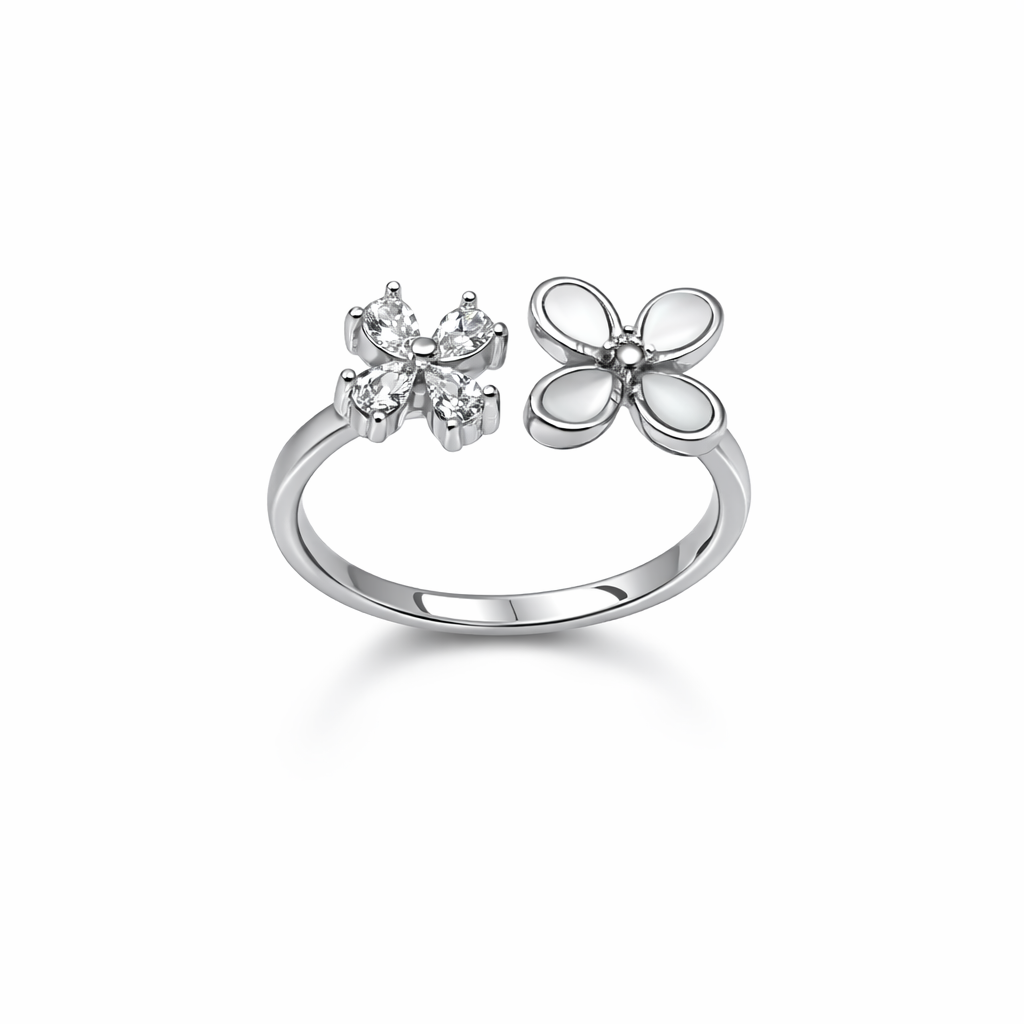 Dual Flower Design 925 Silver Open Ring