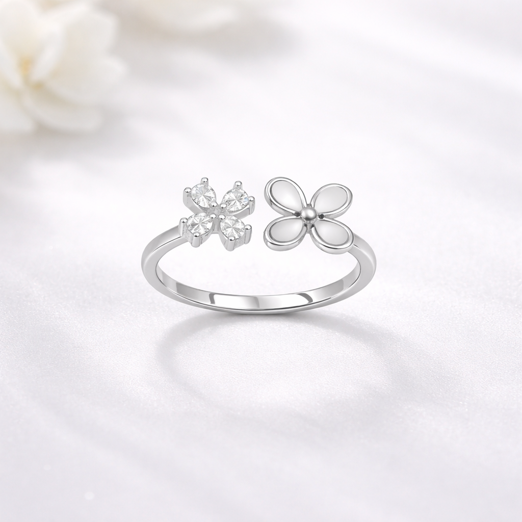 Dual Flower Design 925 Silver Open Ring