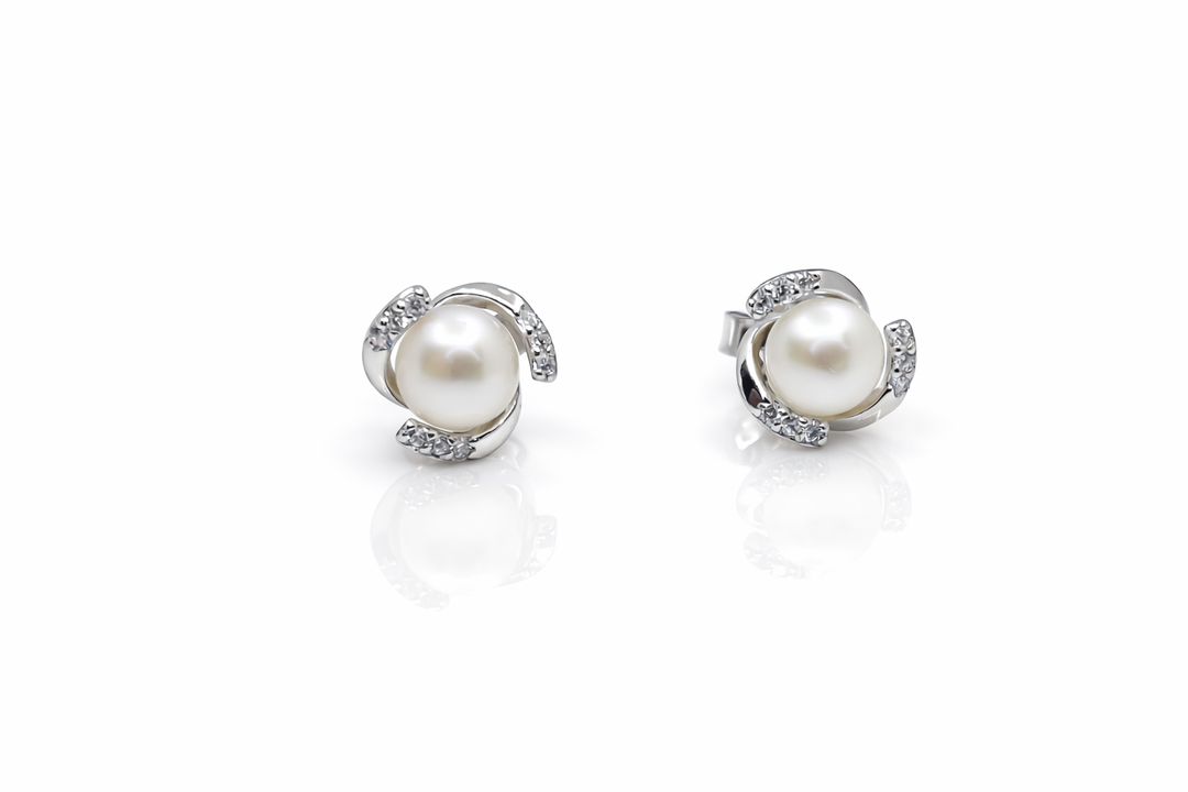 925 Sterling Silver Pearl Stud Earrings with Zircon Swirl Design