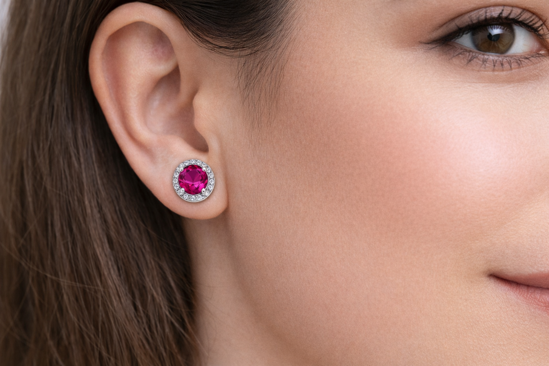 Sterling Silver Ruby Pink Stud Earrings with Halo Zircon