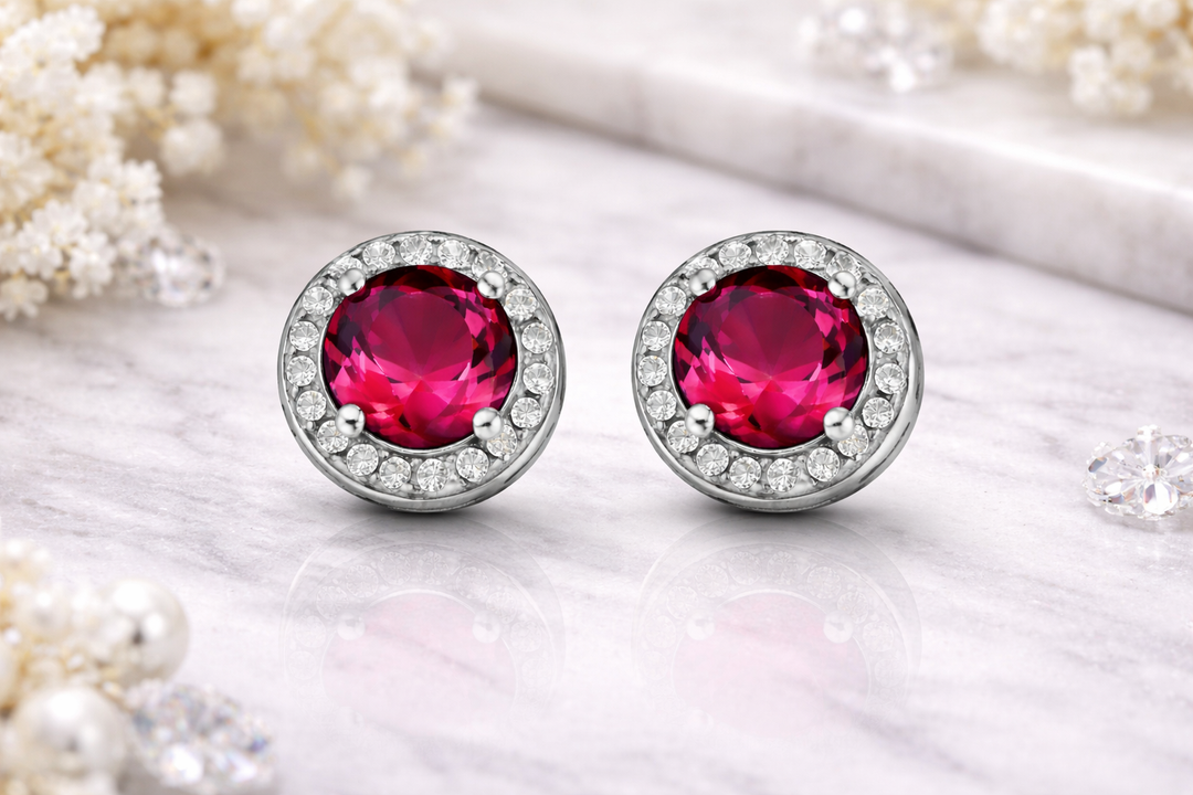 Sterling Silver Ruby Pink Stud Earrings with Halo Zircon