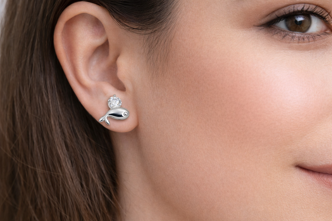 925 Sterling Silver Dolphin Stud Earrings with Zircon Stone