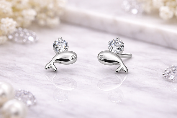 925 Sterling Silver Dolphin Stud Earrings with Zircon Stone