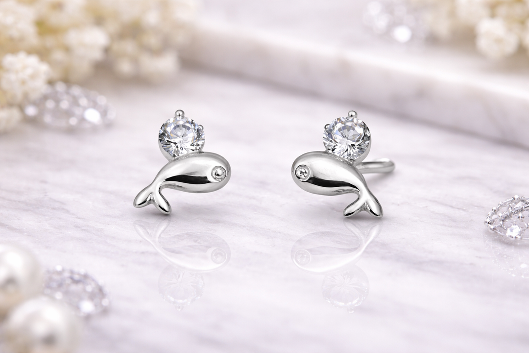 925 Sterling Silver Dolphin Stud Earrings with Zircon Stone